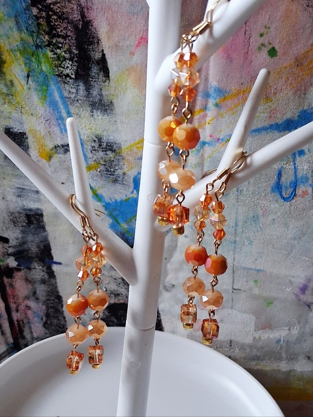 Peach And Gold Tone Beaded Drop Earrings - Elegant Women Jewelry Handmade